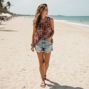 Women's Sleeveless Boho Tank Top - Red